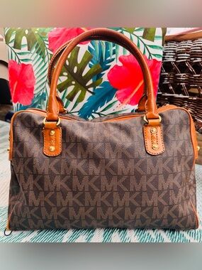 Michael Kors Brown MK Logo Satchel Bag Leather Trim Zip Top Large Tote Handbag